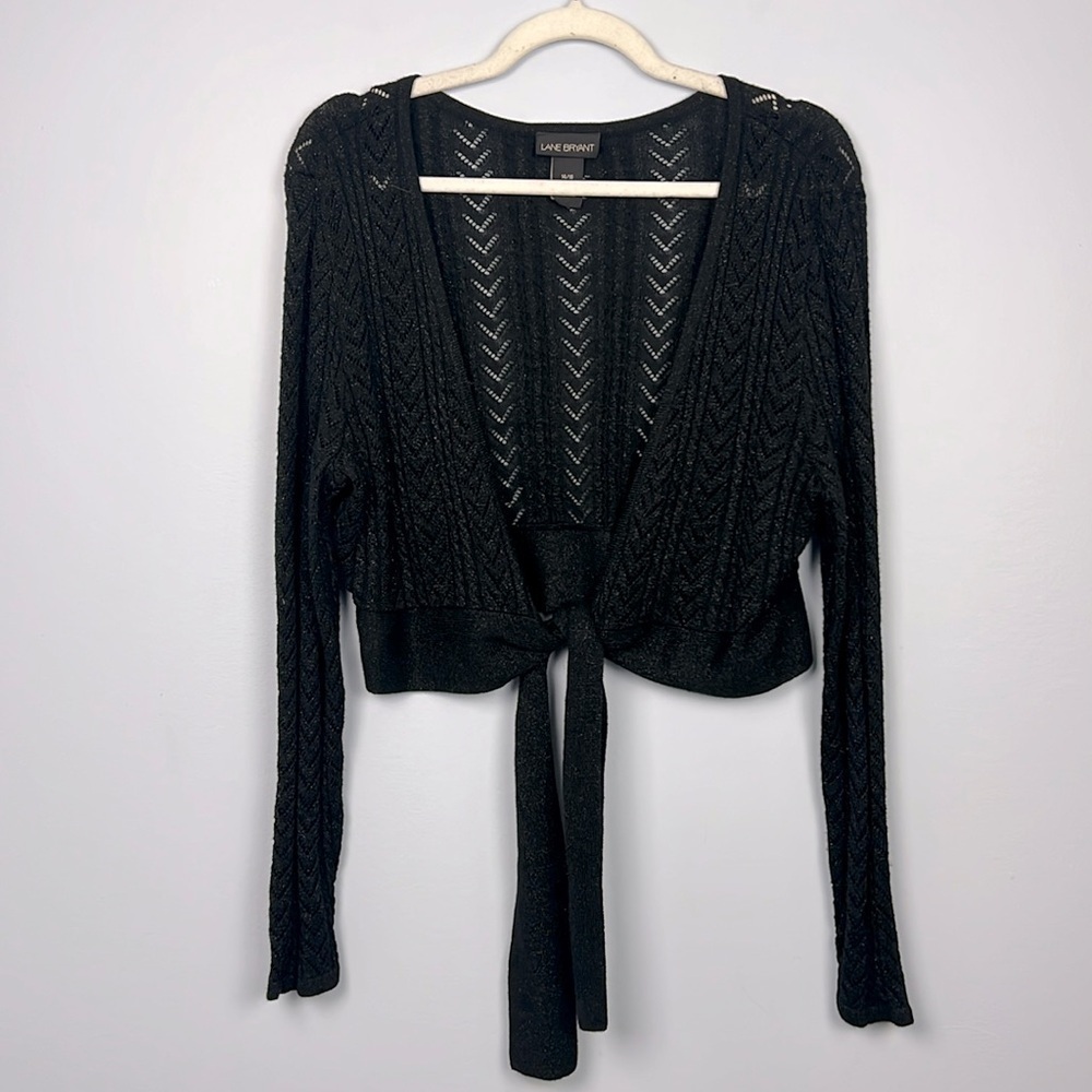 Lane Bryant 14/16 cropped open knit metallic thread tie front sweater cardigan